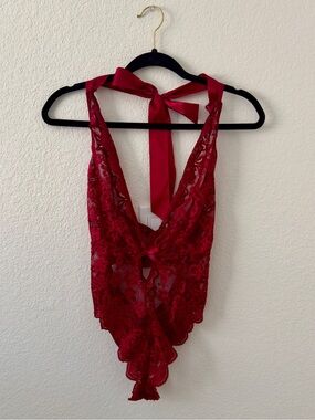 Red Lace Halter-Back Lace Teddy Bodysuit